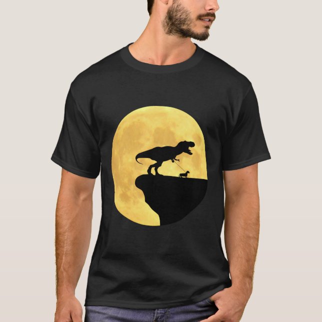 Camiseta T Rex Walking A Dachshund In Front Of Yellow Moon (Frente)