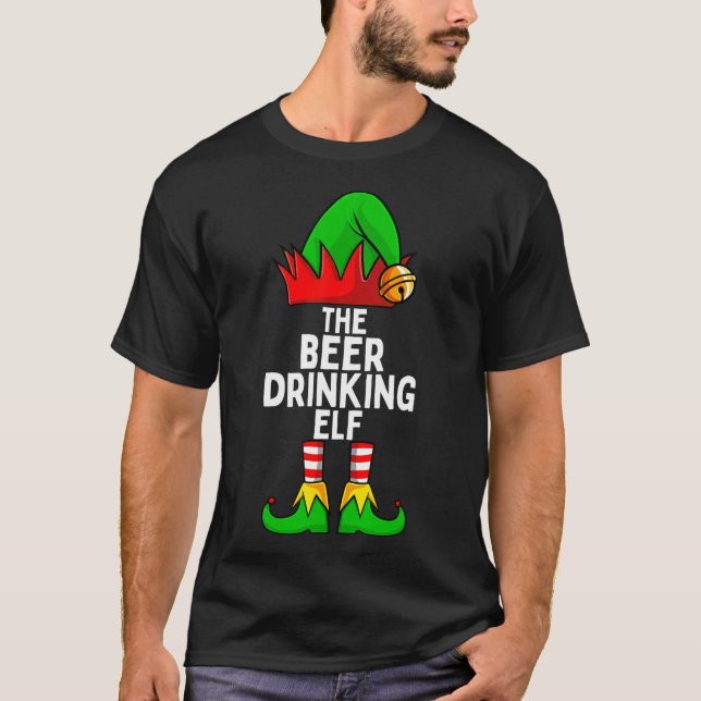 Camiseta T-Shir de Natal da Família de Beer Bebendo Elf (Frente)