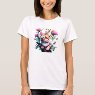 Camiseta T-Shirt Acrílico De Gato De Flor Cugado