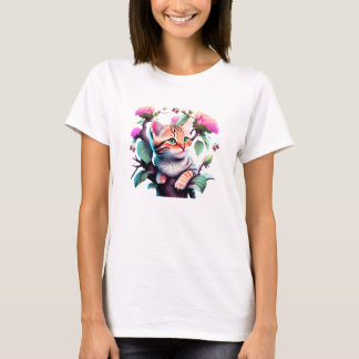 Camiseta T-Shirt Acrílico De Gato De Flor Cugado