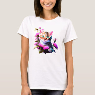 Camiseta T-Shirt Acrílico De Gato De Flor Cugado