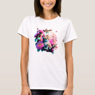 Camiseta T-Shirt Acrílico De Gato De Flor Cugado