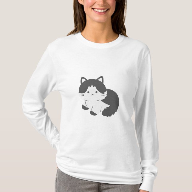 Camiseta T-Shirt Adorável de Capa Longa de Gato (Frente)