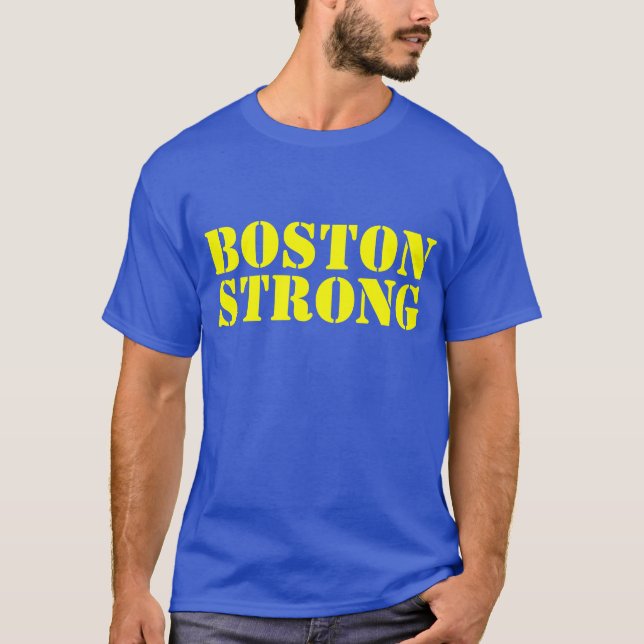 Camiseta T-shirt amarelo de BOSTON e azul FORTE do estêncil (Frente)