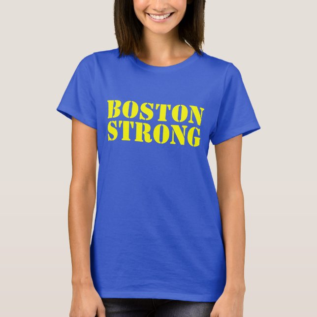 Camiseta T-shirt amarelo de BOSTON e azul FORTE do estêncil (Frente)