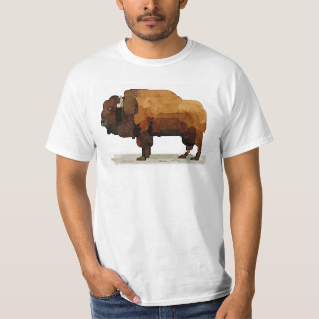 Camiseta T-shirt americano da aguarela do búfalo (bisonte) (Frente)