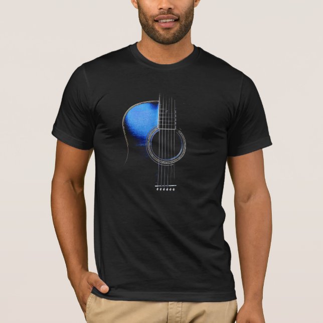 Camiseta T-shirt azul da guitarra acústica (veja a (Frente)