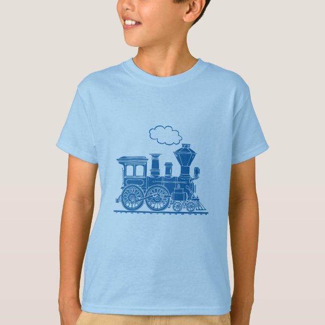 Camiseta T-shirt azul da luz do trem da locomotiva de vapor (Frente)