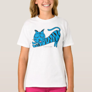 Camiseta T-shirt azul da menina do estiramento do gatinho