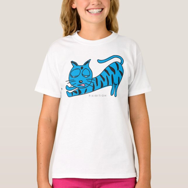 Camiseta T-shirt azul da menina do estiramento do gatinho (Frente)