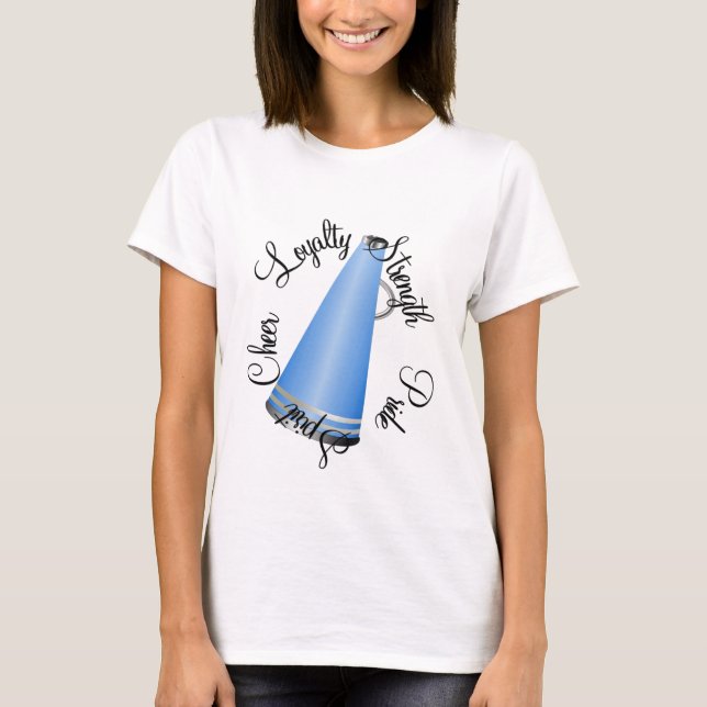 Camiseta T-shirt azul do megafone do cheerleader (Frente)