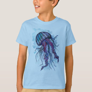 Camiseta T-shirt azul e roxo das medusa para miúdos