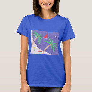 Camiseta T-shirt azul escuro com cena da praia
