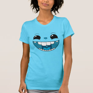 Camiseta T-shirt azul feliz dobro das senhoras da cara