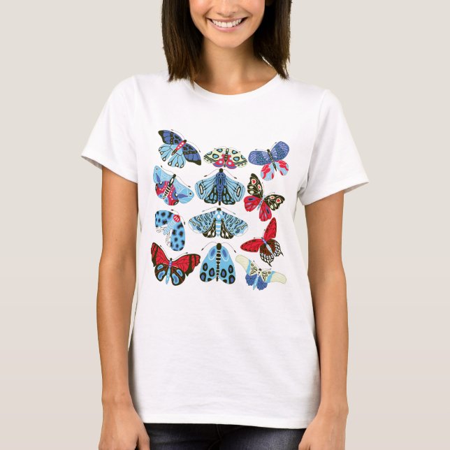 Camiseta T-Shirt Blue Red Moth e Butterfly (Frente)
