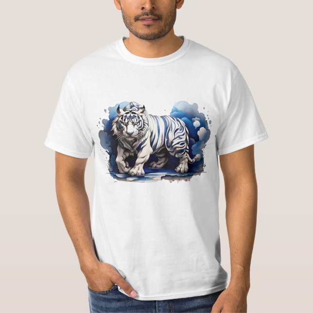Camiseta T-Shirt Blue Tiger em nuvens Design (Frente)
