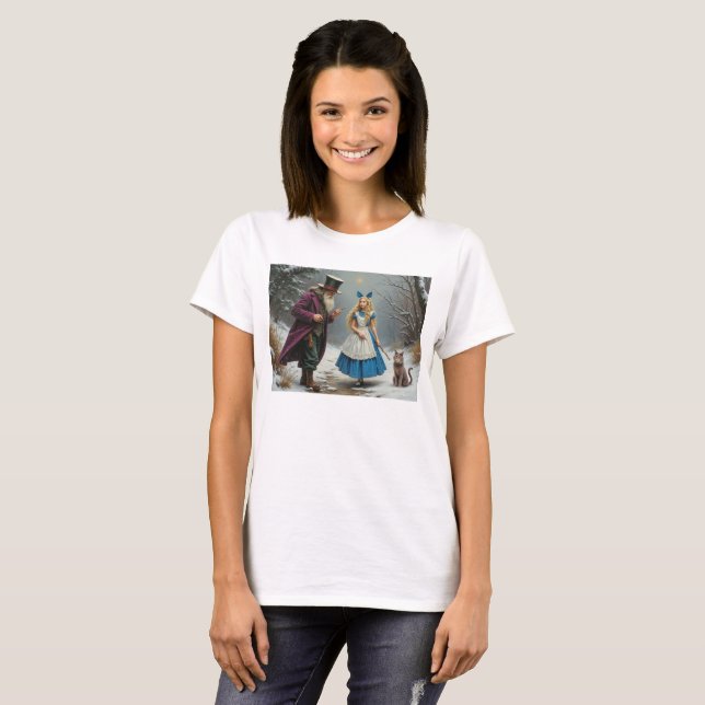 Camiseta T-shirt branca das mulheres Alice no inverno (Frente Completa)