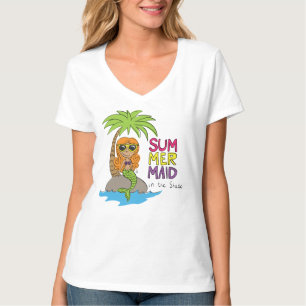 Camiseta T-Shirt branca, de colo-V, e sereia, de verão