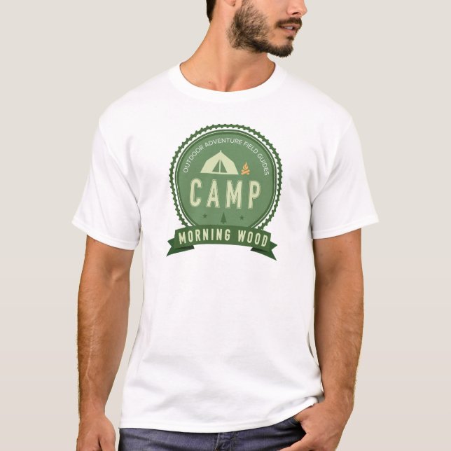 Camiseta T-shirt branco DE MADEIRA da MANHÃ do ACAMPAMENTO (Frente)