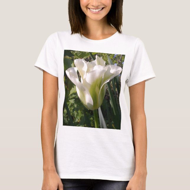 Camiseta T-shirt branco e verde da tulipa (Frente)