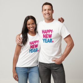Camiseta T-shirt colorida, cor-de-rosa e Feliz ano novo azu