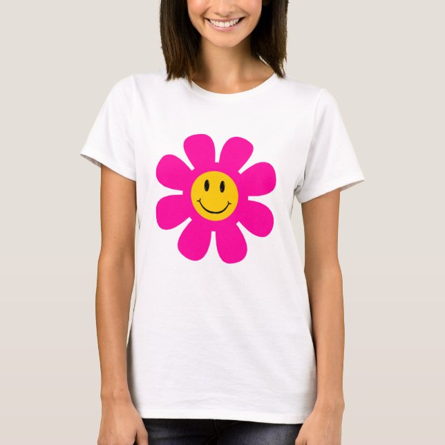 Camiseta T-Shirt Com Face De Sorriso De Flor Rosa (Frente)
