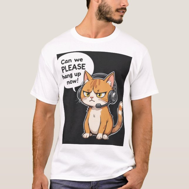 Camiseta T-shirt com fone de cabeça de gato rabugento (Frente)