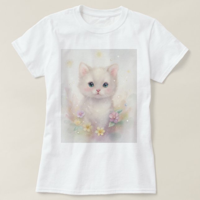 Camiseta T-shirt com gatinho bonito em cores pastel (Frente do Design)