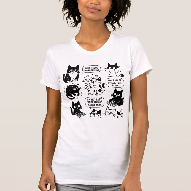 Camiseta T-Shirt com Padrão de Gato Negro e Branco Engraçad (Frente)