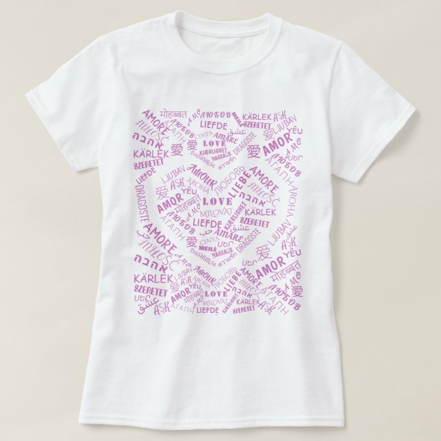 Camiseta T-Shirt com Texto de Amor Multilíngue Coração de P (Frente do Design)