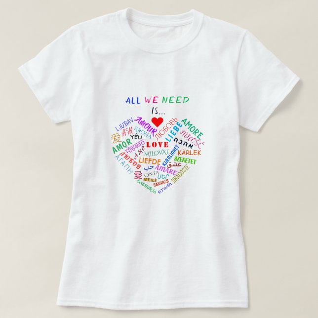 Camiseta T-Shirt com Texto Multi-Language Love Word (Frente do Design)