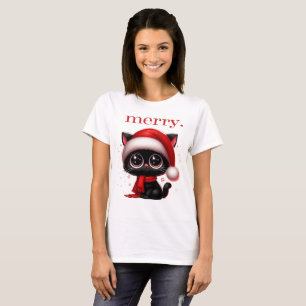 Camiseta t-shirt com um gato preto num chapéu de Papai Noel