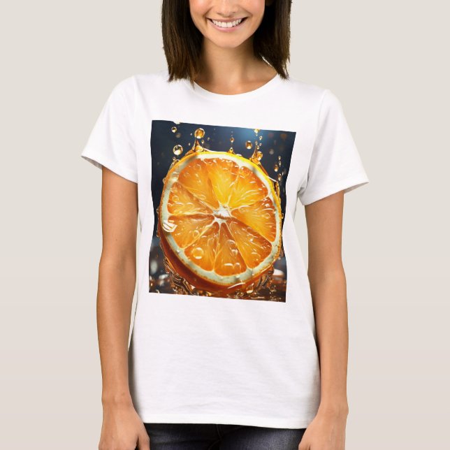 Camiseta T-shirt com um impressão de fatias laranja brilhan (Frente)