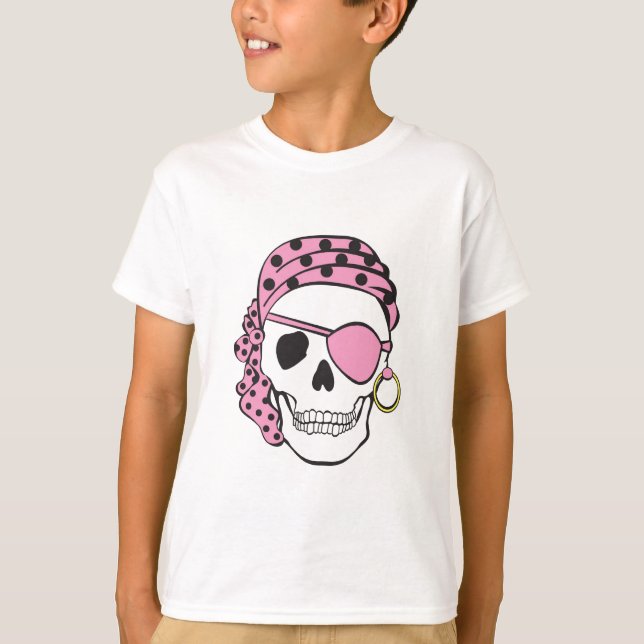 Camiseta T-shirt cor-de-rosa do crânio do pirata (Frente)