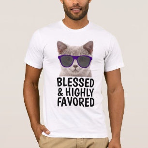 Camiseta T-shirt cristãos do gato, ABENÇOADOS & FAVORECID