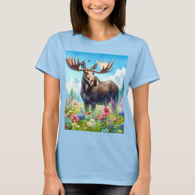 Camiseta T-Shirt Cute Moose e Flores Selvagens (Frente)