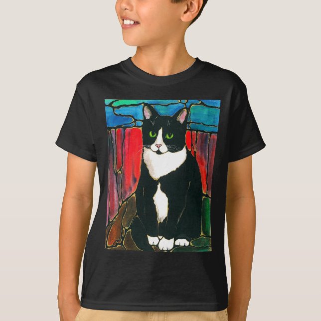 Camiseta T-shirt da arte do design do vitral do gato do (Frente)