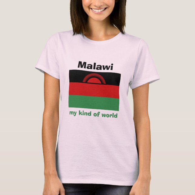 Camiseta T-Shirt da Bandeira e Mapa do Malawi com Texto (Frente)