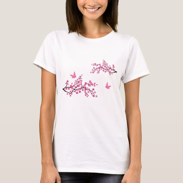 Camiseta T-shirt da flor de cerejeira e dos pássaros (Frente)