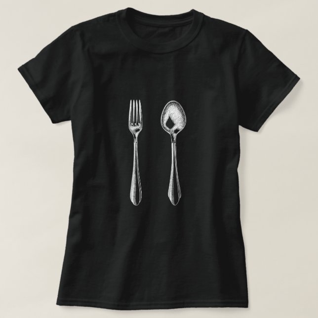 Camiseta T-shirt da mulher com forquilha desenhado mão e (Frente do Design)