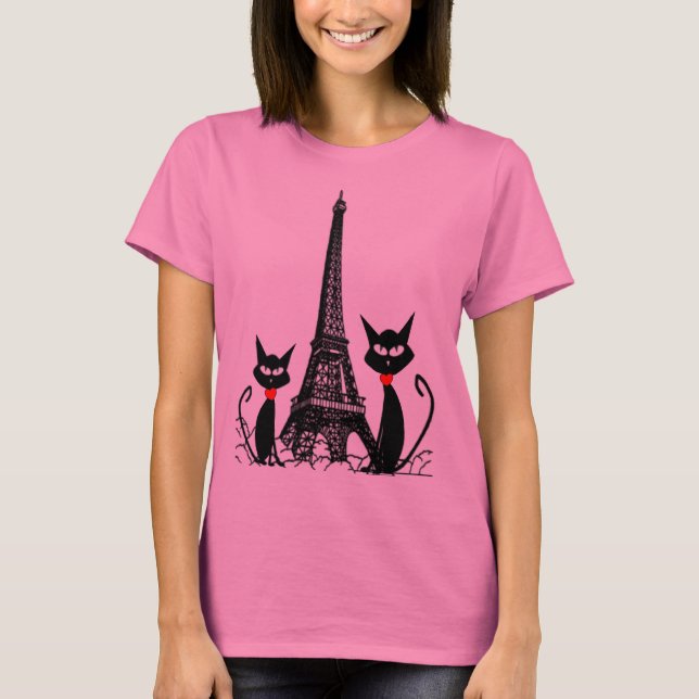 Camiseta T-shirt da torre Eiffel e dos gatos pretos (Frente)
