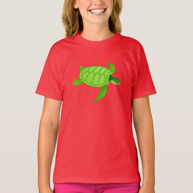 Camiseta T-shirt das meninas da tartaruga de mar verde (Frente)