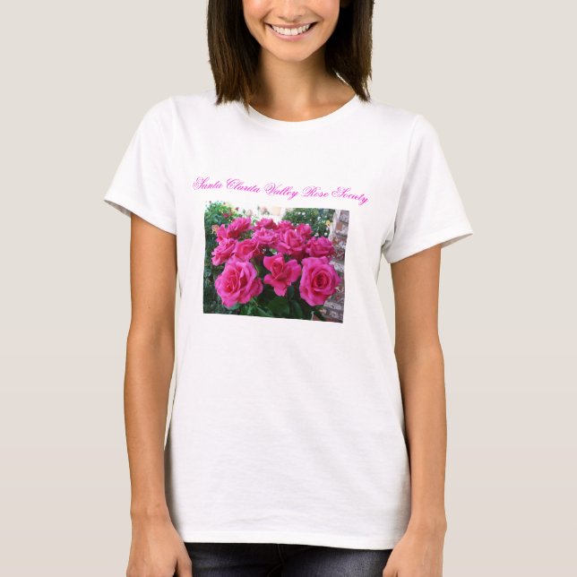Camiseta T-shirt das senhoras com rosas cor-de-rosa (Frente)