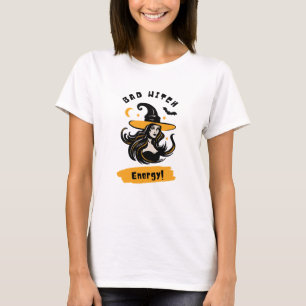 Camiseta T-Shirt de Bruxa Ilustrativa Laranja Negra