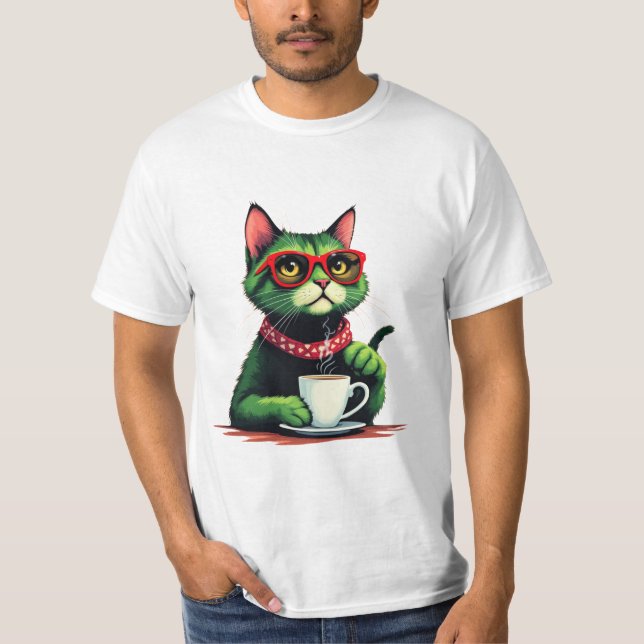 Camiseta T-shirt de café com bebendo de gato (Frente)