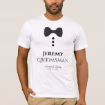 Camiseta T-shirt de Casamento Preto do Padrinho de casament<br><div class="desc">Estas t-shirts divertidas são concebidas como favores ou presentes para padrinhos de casamento de casamento. A t-shirt é branca e apresenta uma imagem de uma gravata preta de arco e três botões. O texto diz Padrinho de casamento e tem um lugar para inserir o nome do padrinho de casamento, assim...</div>