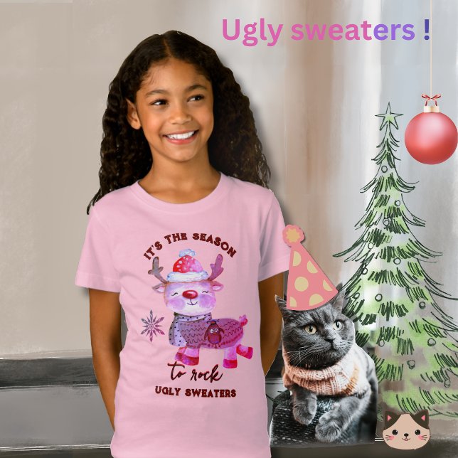 Camiseta T-Shirt De Cerveja Rosa, Gelado, Suave (Ugly Sweater Cute Pink Deer T-Shirt)