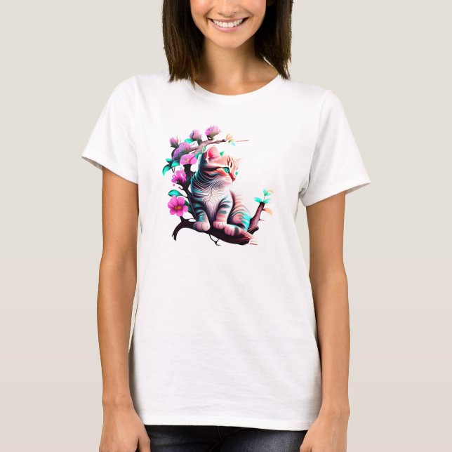 Camiseta T-Shirt De Gato Com Flor Acrílico (Frente)