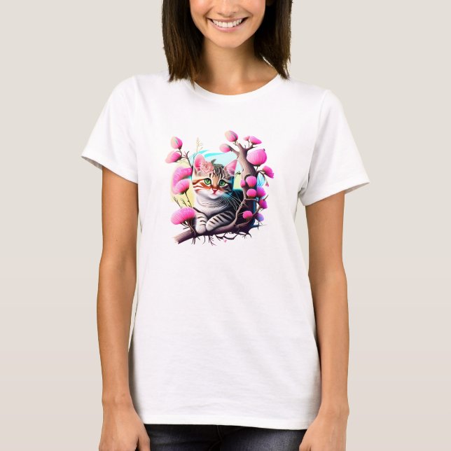 Camiseta T-Shirt De Gato Com Flor Acrílico (Frente)