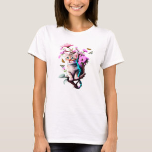 Camiseta T-Shirt De Gato Com Flor Acrílico